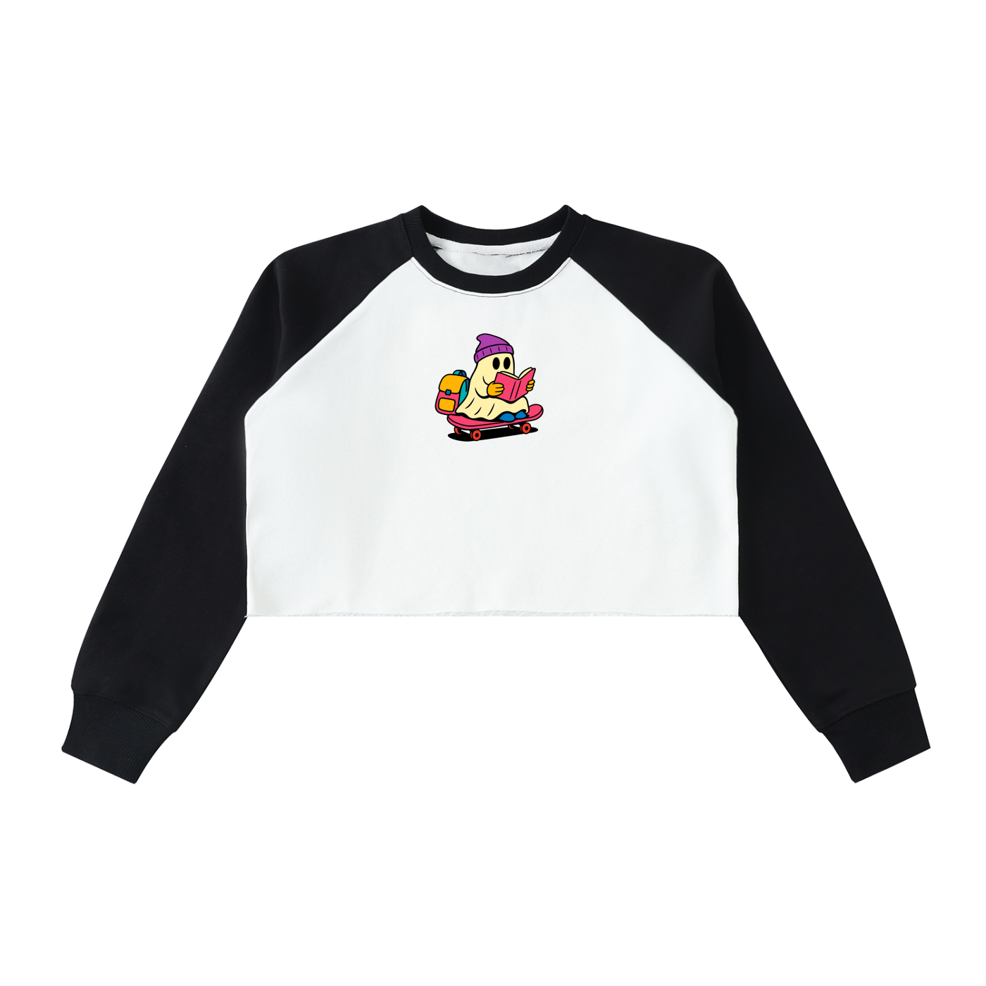 Rad Ghost Raw-Hem Color-Block Raglan Crop Sweatshirt