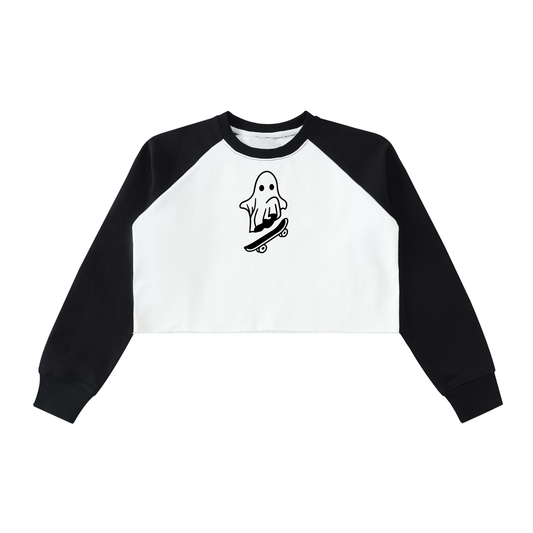 Skater Ghost Raw-Hem Color-Block Raglan Crop Sweatshirt